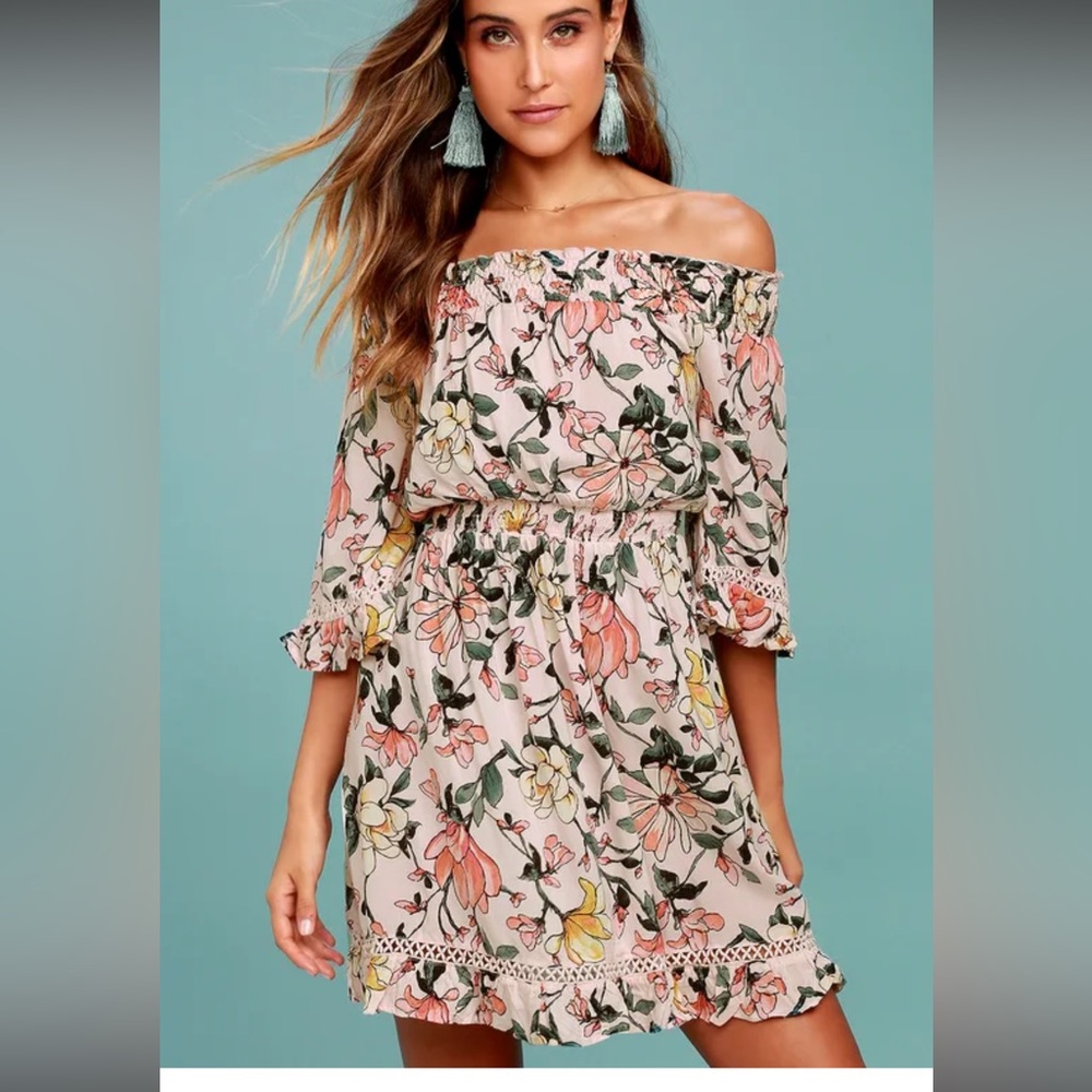 NWT Lulus Hello, Darling Blush Pink Floral Print Off-the-Shoulder Dress